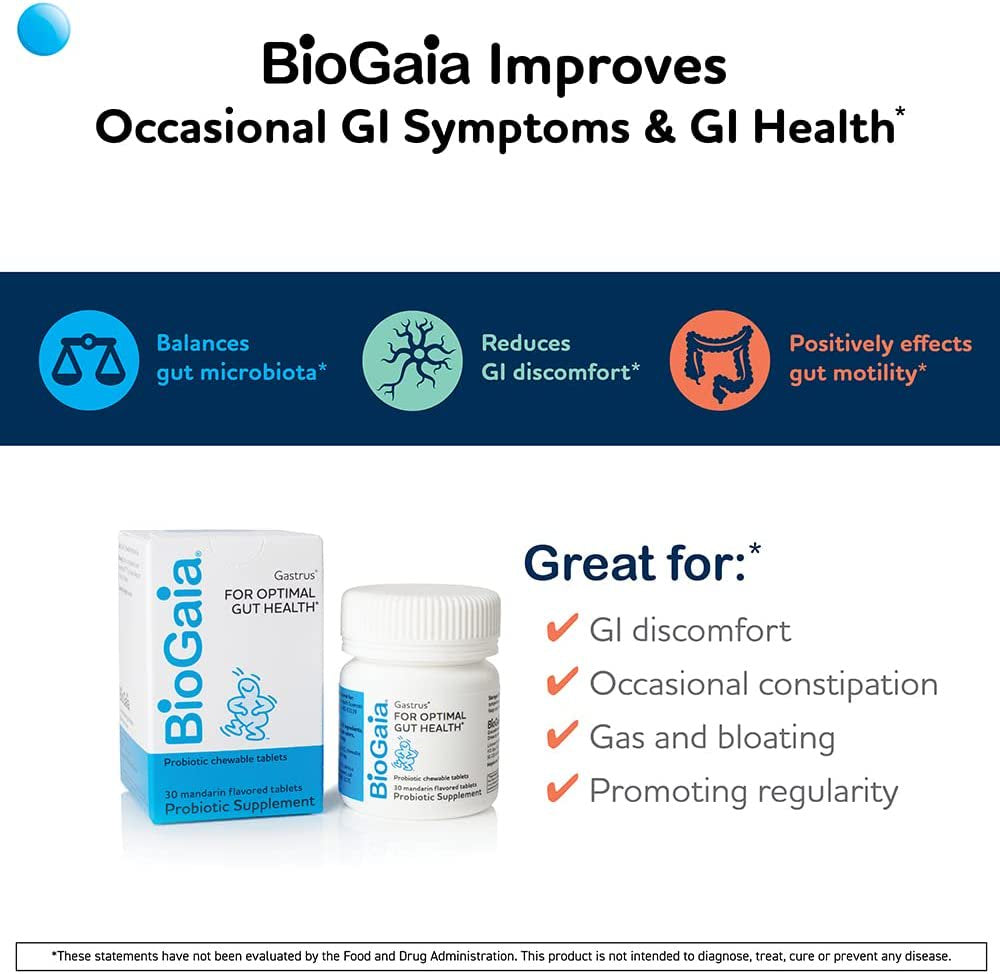 Biogaia Gastrus Chewable Tablets, Adult Probiotic Supplement for Stomach Discomfort, Constipation, Gas, Bloating, Regularity, Non-Gmo, 30 Tablets, 1 Pack