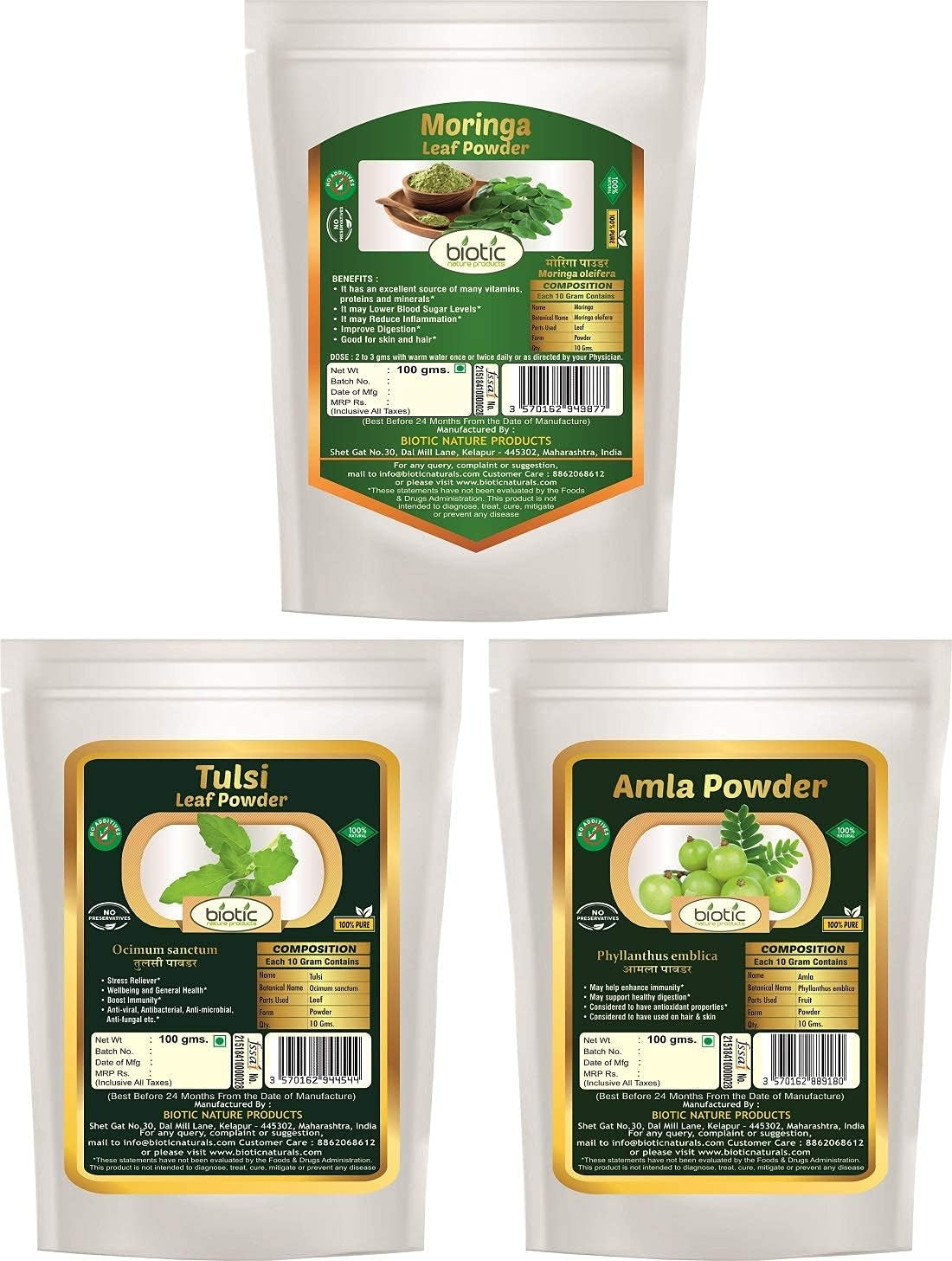 DKM Moringa Leaf Powder, Tulsi Powder and Amla Powder - 300G (100G Each)