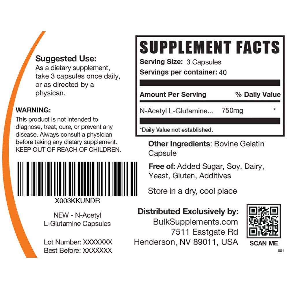 Bulksupplements.Com N-Acetyl L-Glutamine Capsules, 750Mg - Pre-Workout Supplements for Athletic Endurance (120 Gel Caps - 40 Serv)