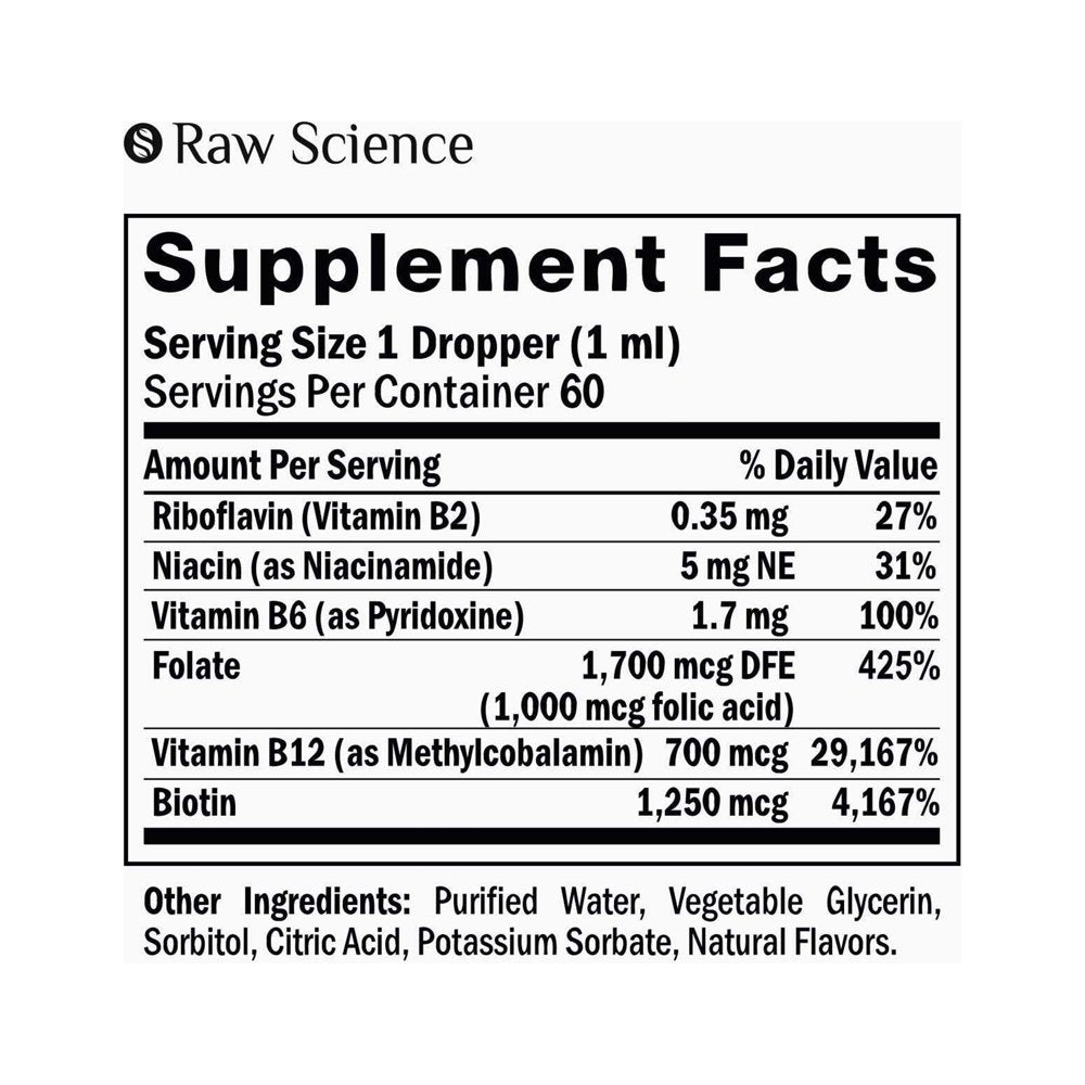 Raw Science | Vitamin B Complex Energy Supplement | Niacin B3, B6, Folic Acid B9 1000 Mcg, B12, Biotin B7 | Vegan, Raspberry Flavor | 2 Fl Oz (60 Ml)