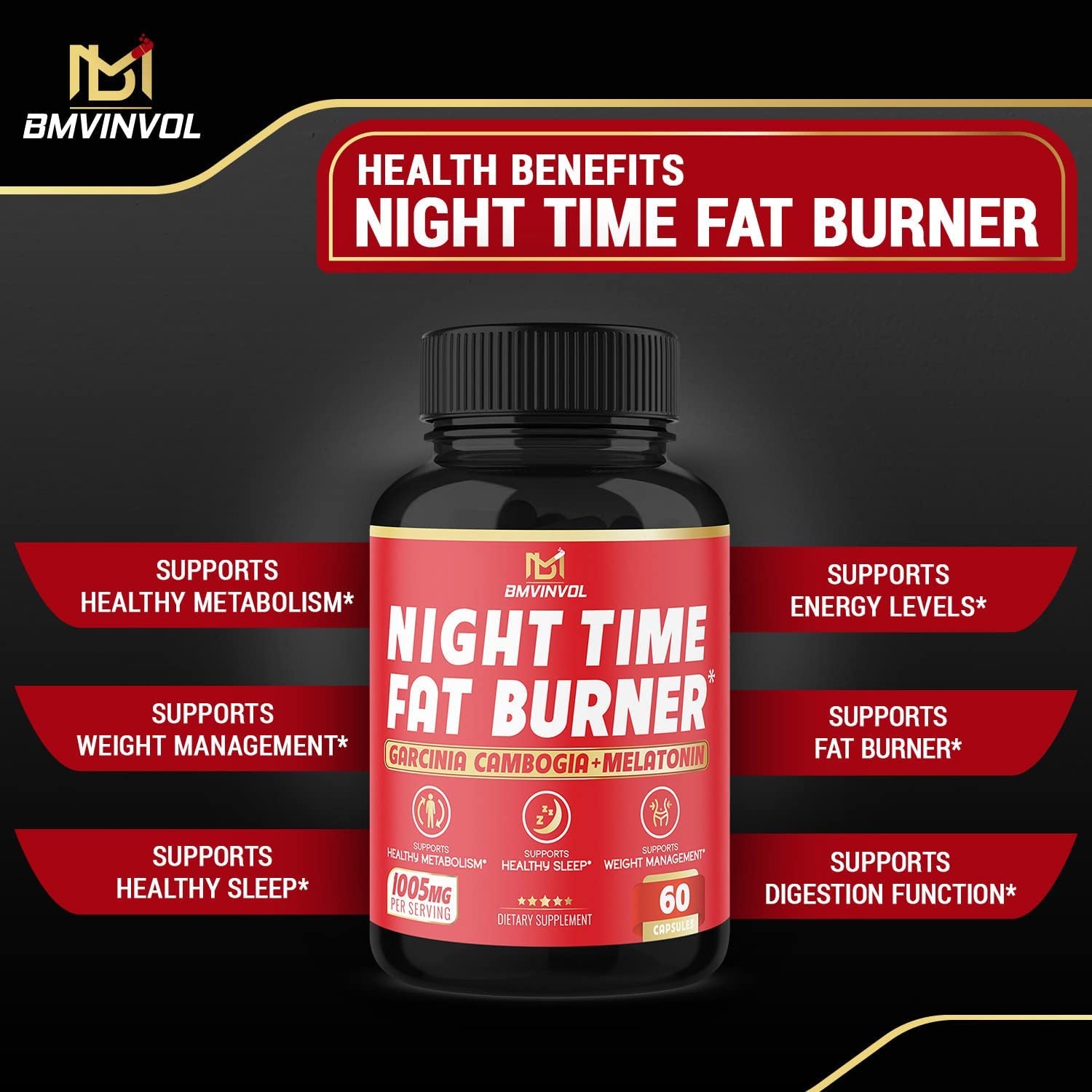 BMVINVOL Night Time Fat Burner, 12-In-1 Powerful Blend of Green Tea, Ceylon Cinnamon, Garcinia Cambogia, Green Coffee Bean, White Kidney Bean, Lemon Balm, Passion Flower