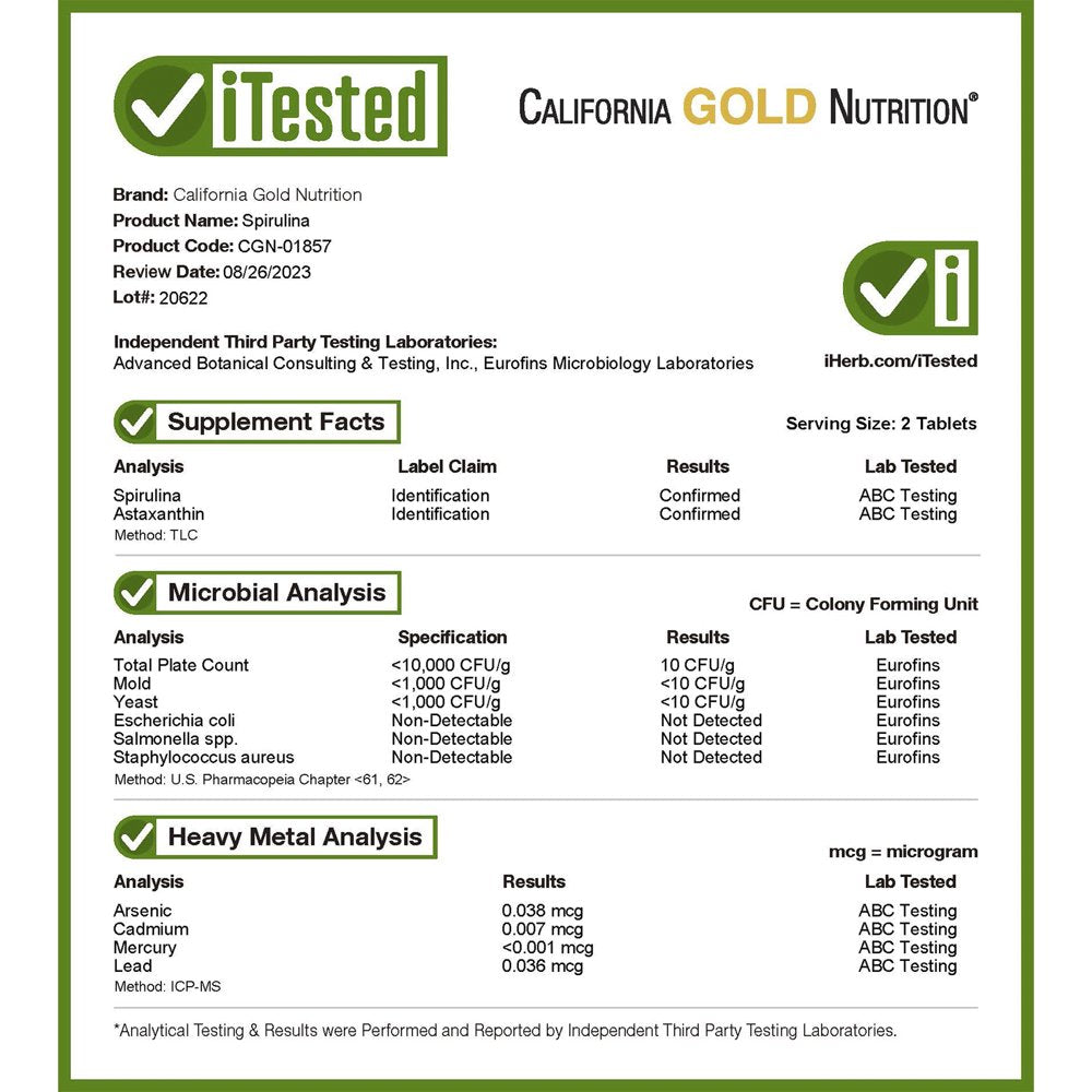 Spirulina Astablue Complex, by California Gold Nutrition, Contains the Antioxidants Phycocyanin, Chlorophyll, and Astaxanthin, 60 Tablets