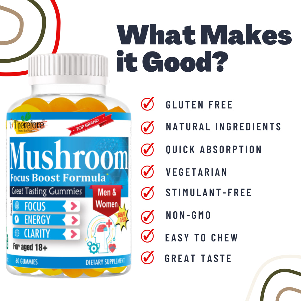 Mushroom Brain Health Gummy Vitamins for Men & Women | Brain Supplements for Memory and Focus, Promotes Mental Clarity, Memory, and Mood, Fruity Flavor, Gluten-Free, Non-Gmo, Vegan- 60 Count