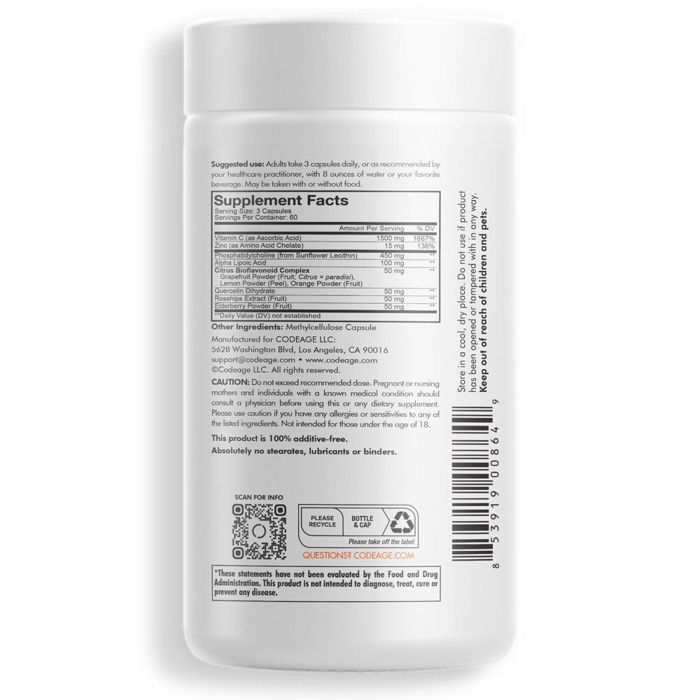 Codeage Liposomal Vitamin C 1500Mg, Zinc, Elderberry, Citrus Bioflavonoids, Quercetin & Rose Hips, 180 Ct