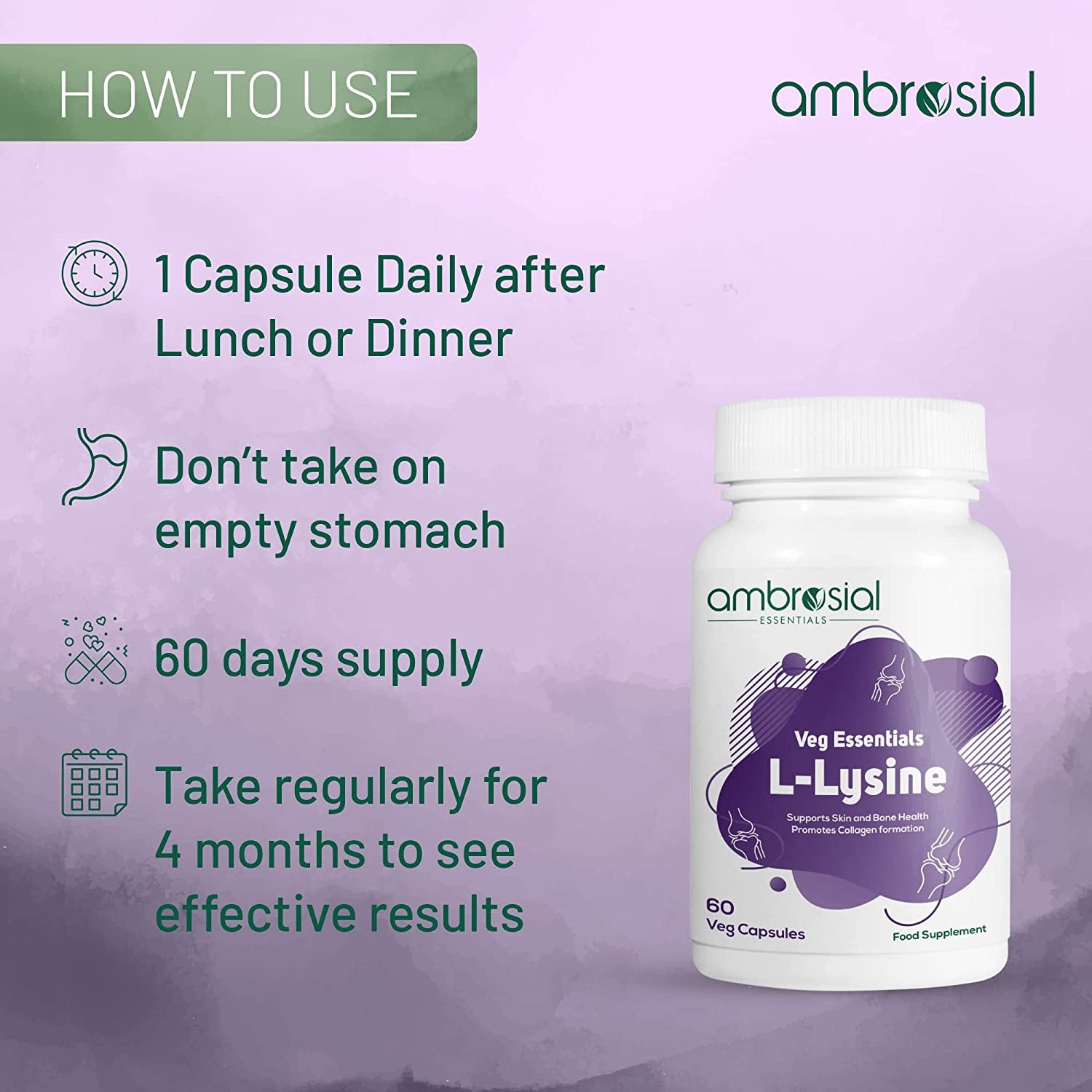 AMBROSIAL L-Lysine High Strength 500Mg per Capsule | Immune Support & Supports Collagen Synthesis | Essential Amino Acids for Active Lifestyle (Pack of 1-60 Capsules)