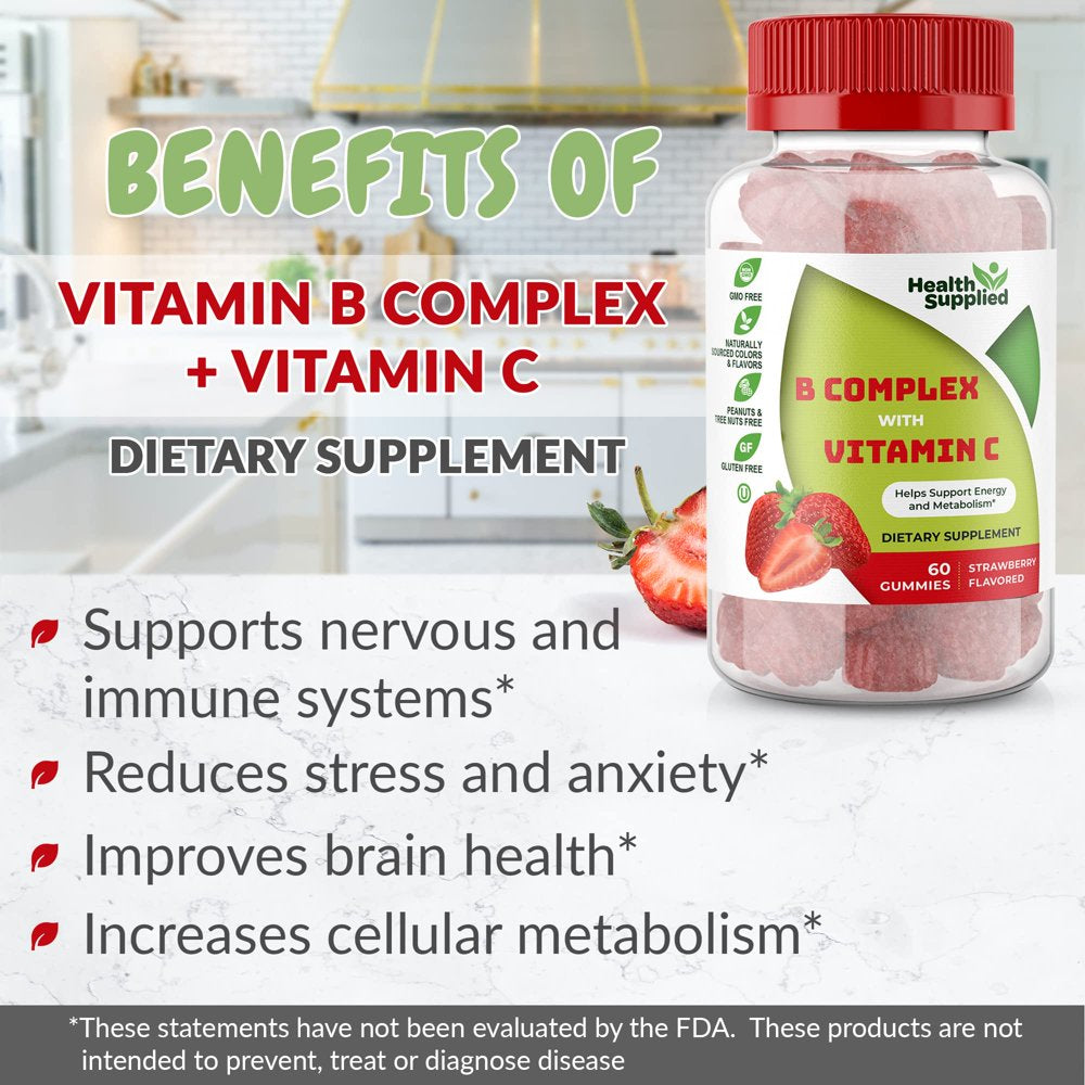 Vitamin B Complex with Vitamin C Gummies 2 Pack | Great Tasting Natural Strawberry Flavor Daily Energy and Nerve System Supplement