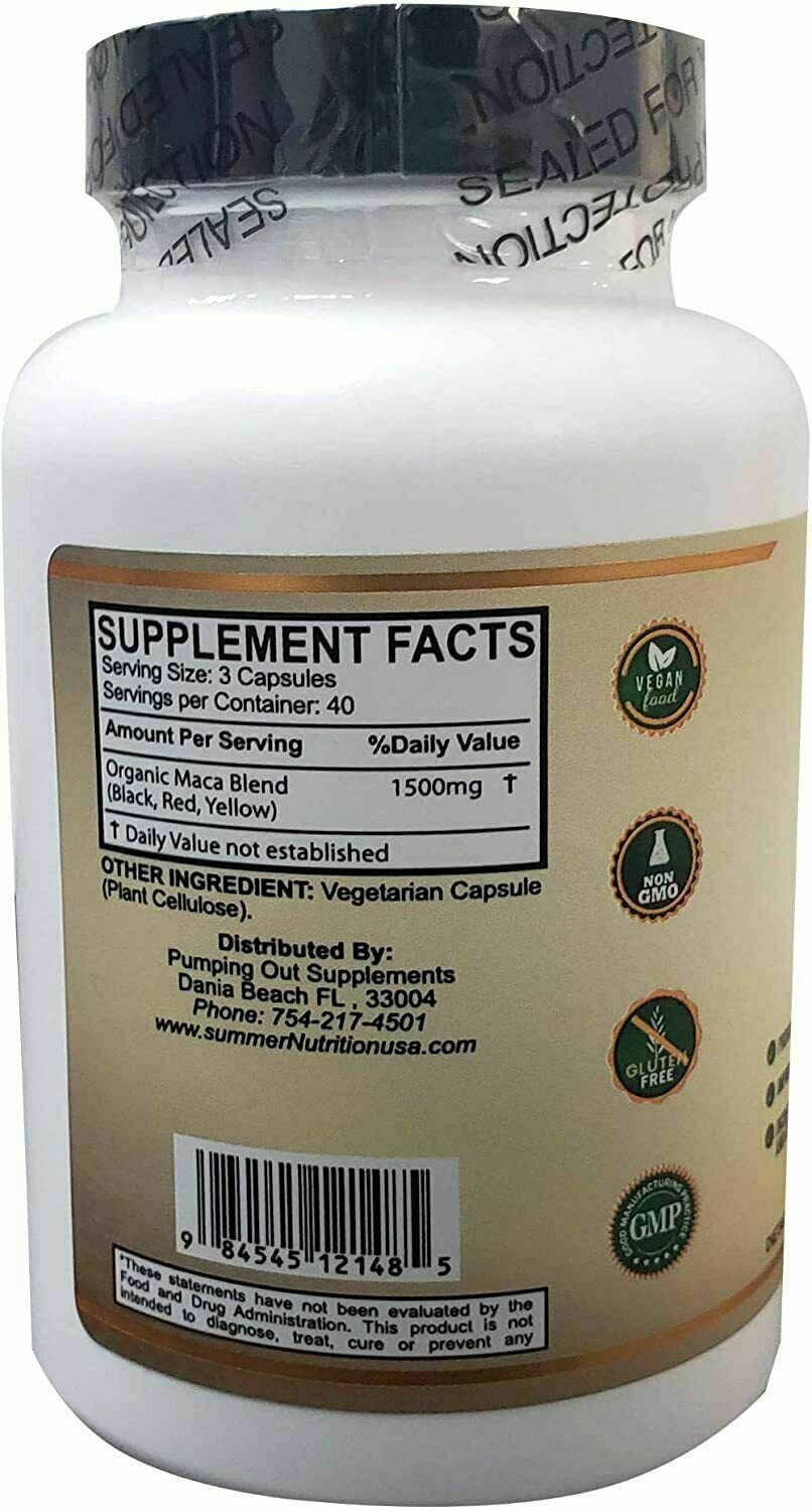 100% Maca - Peruvian & Organic - Summer Nutrition 120 Capsules 1500Mg Sexual Health Energy Sexual Health Fertility