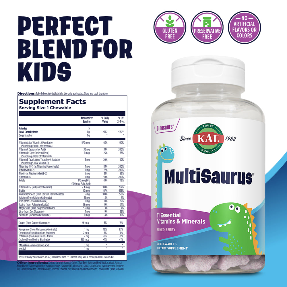 KAL Kids Multisaurus Vitamins & Minerals | Mixed Berry Flavor | Childrens Once Daily Multivitamin | 90 Chewables