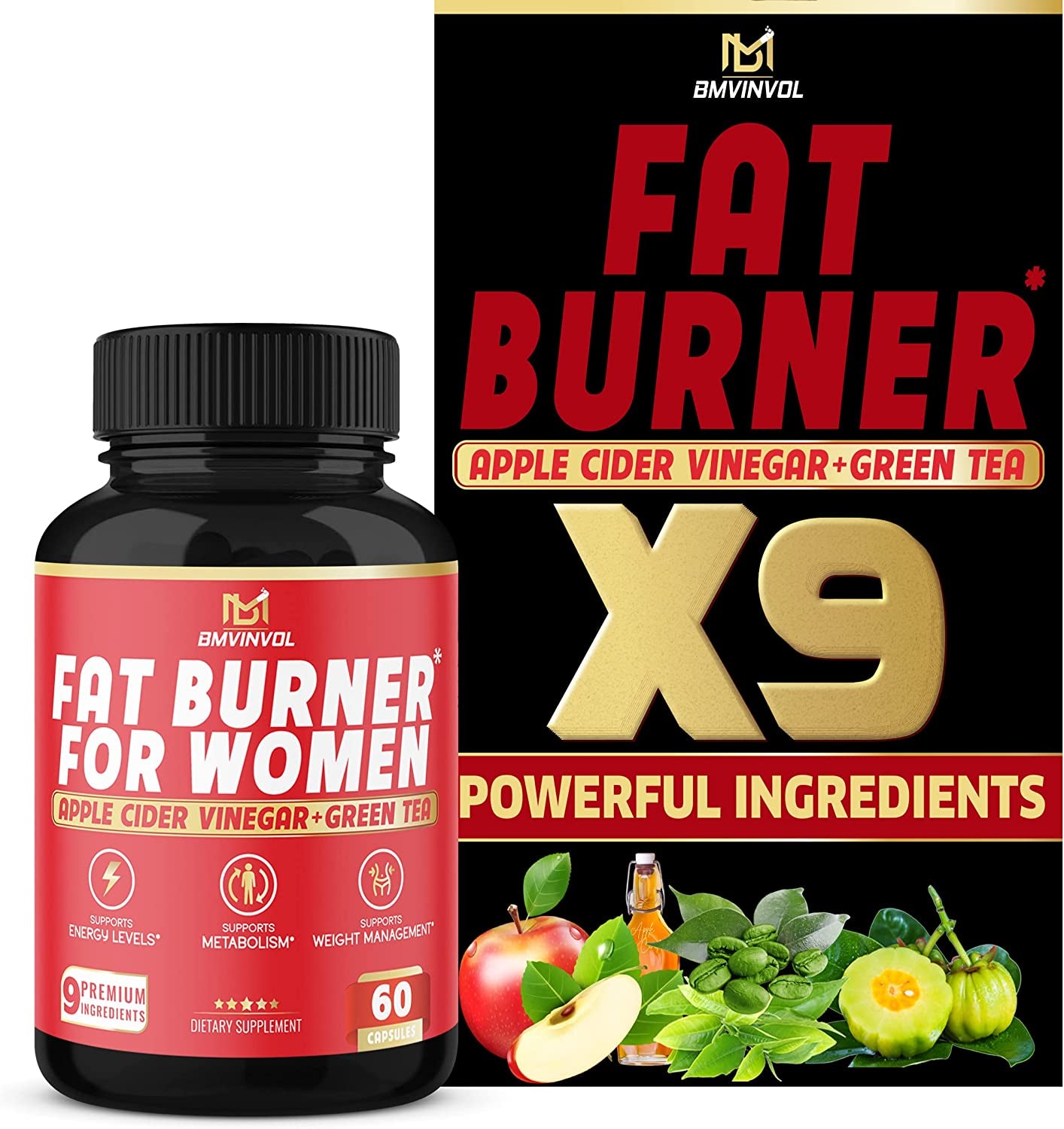 Fat Burner for Women, 9-In-1 Powerful Blend of Apple Cider Vinegar, Green Tea, Garcinia Cambogia, Green Coffee Bean, White Kidney Bean, Coleus Forskohlii, Raspberry Ketones, Olive Leaf