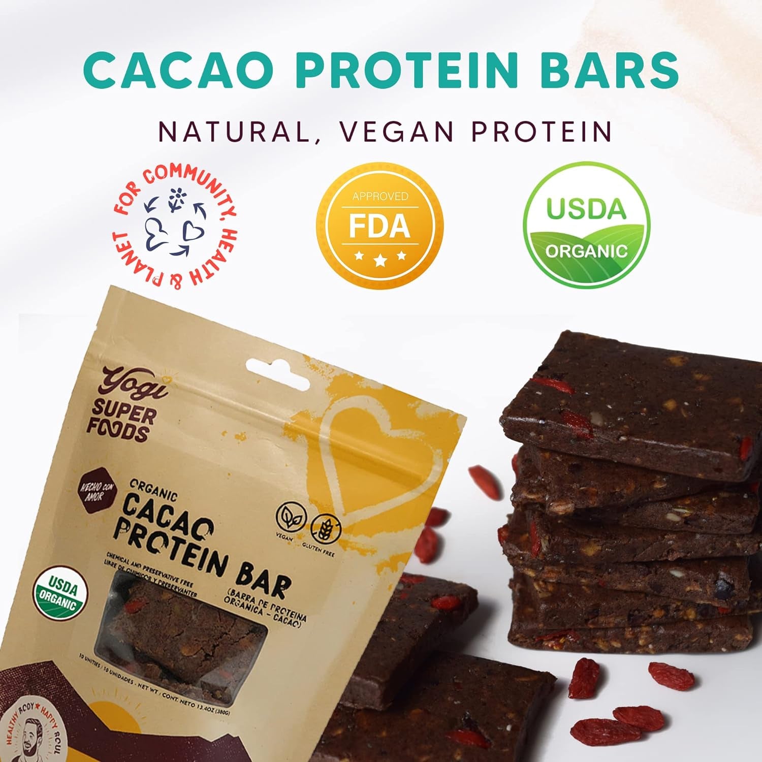 Yogi Super Foods Cacao Protein Bars for Healthy Energy - Organic, Vegan, Gluten Free, Low Glycemic Superfood Snack Food Bars with Plant Protein, Cocoa Powder & Nibs, Agave & Granola - 10 Bars