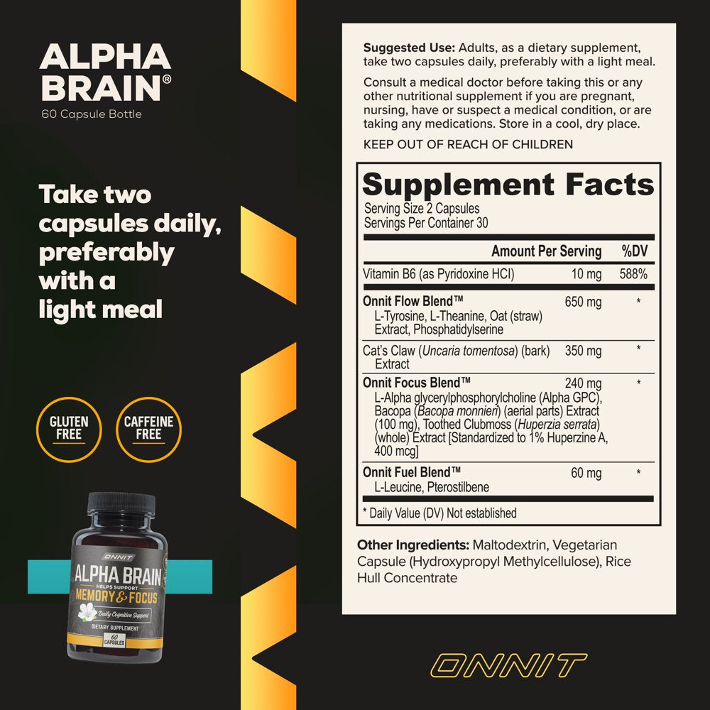 ONNIT Alpha BRAIN Premium Nootropic Brain Health Supplement, Memory and Focus Support, 60 Ct