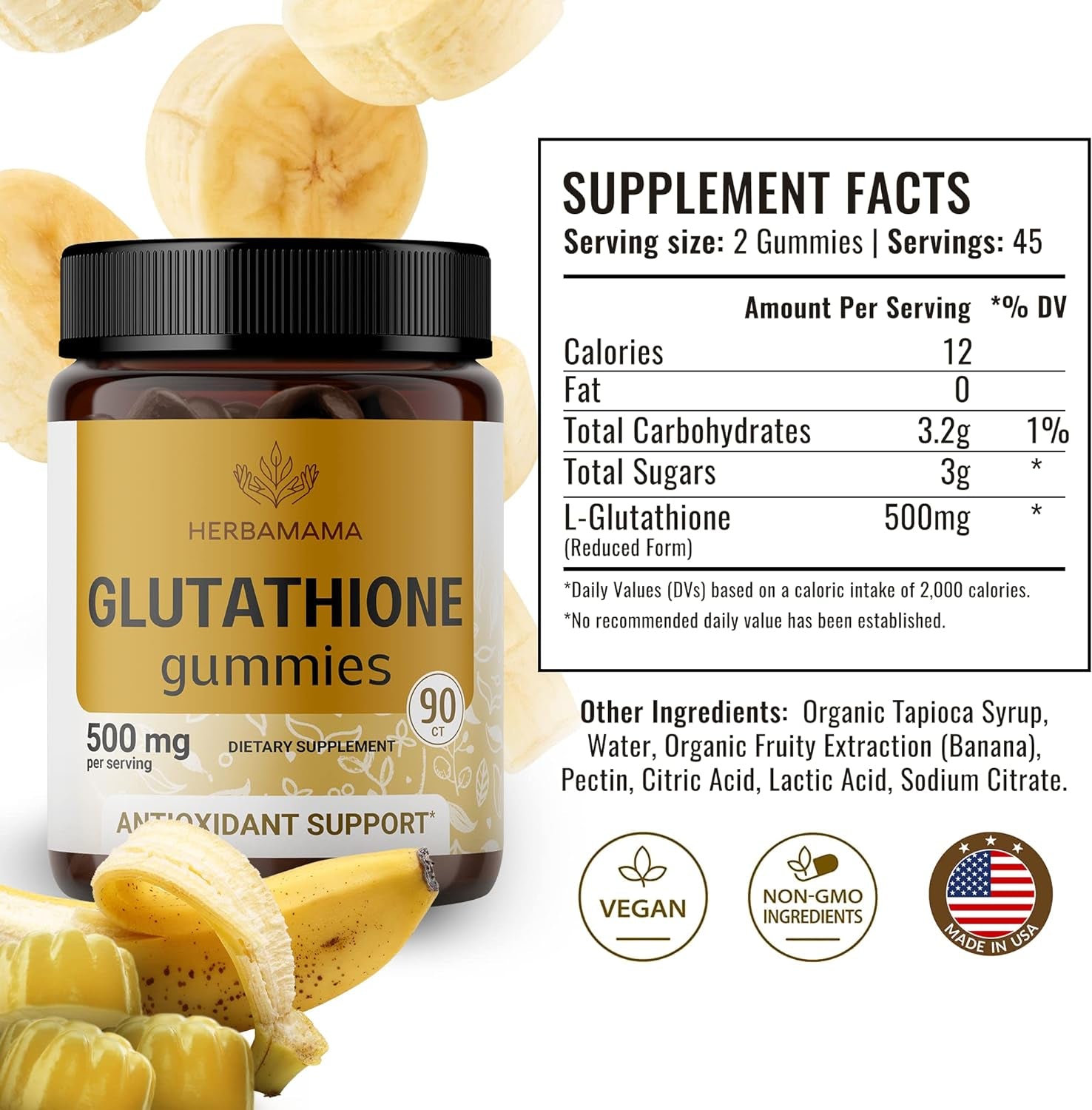 HERBAMAMA Reduced Glutathione Gummies -Antioxidant Supplement Support for Skincare & Liver Cleansing Gummy - Non-Gmo, Gluten-Free 500Mg - Banana Flavor 90 Chews per Bottle