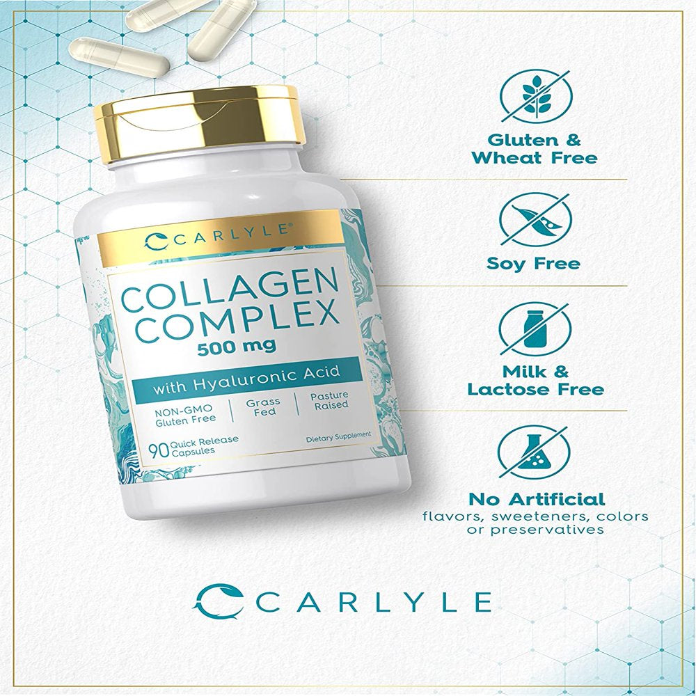 Collagen with Hyaluronic Acid 500Mg | 90 Capsule Pills | Hydrolyzed Collagen Supplement | Non-Gmo, Gluten Free | by Carlyle