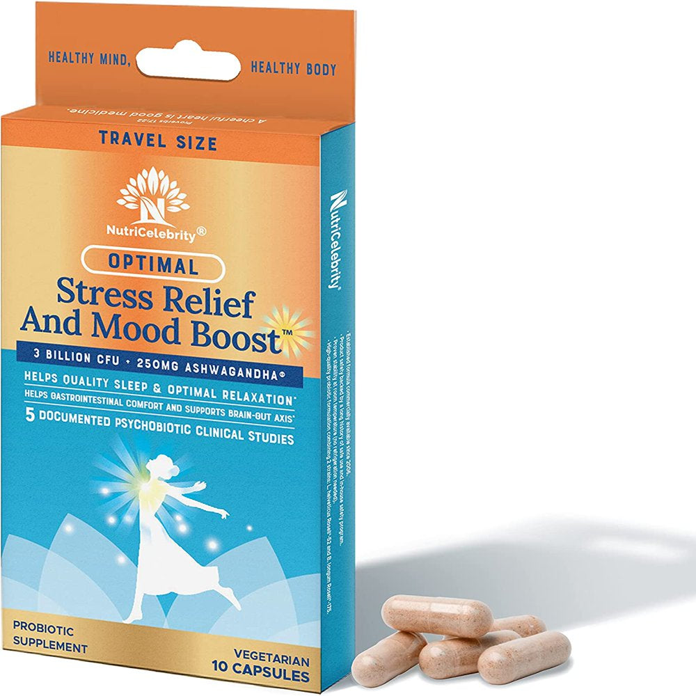 Nutricelebrity Optimal Stress Relief and Mood Boost Supplement Travel Size, Helps Support Restful Sleep, Relaxation, Comfort with Ashwagandha KSM-66 and Cerebiome Probiotic Blend 10 Vegetable Capsules