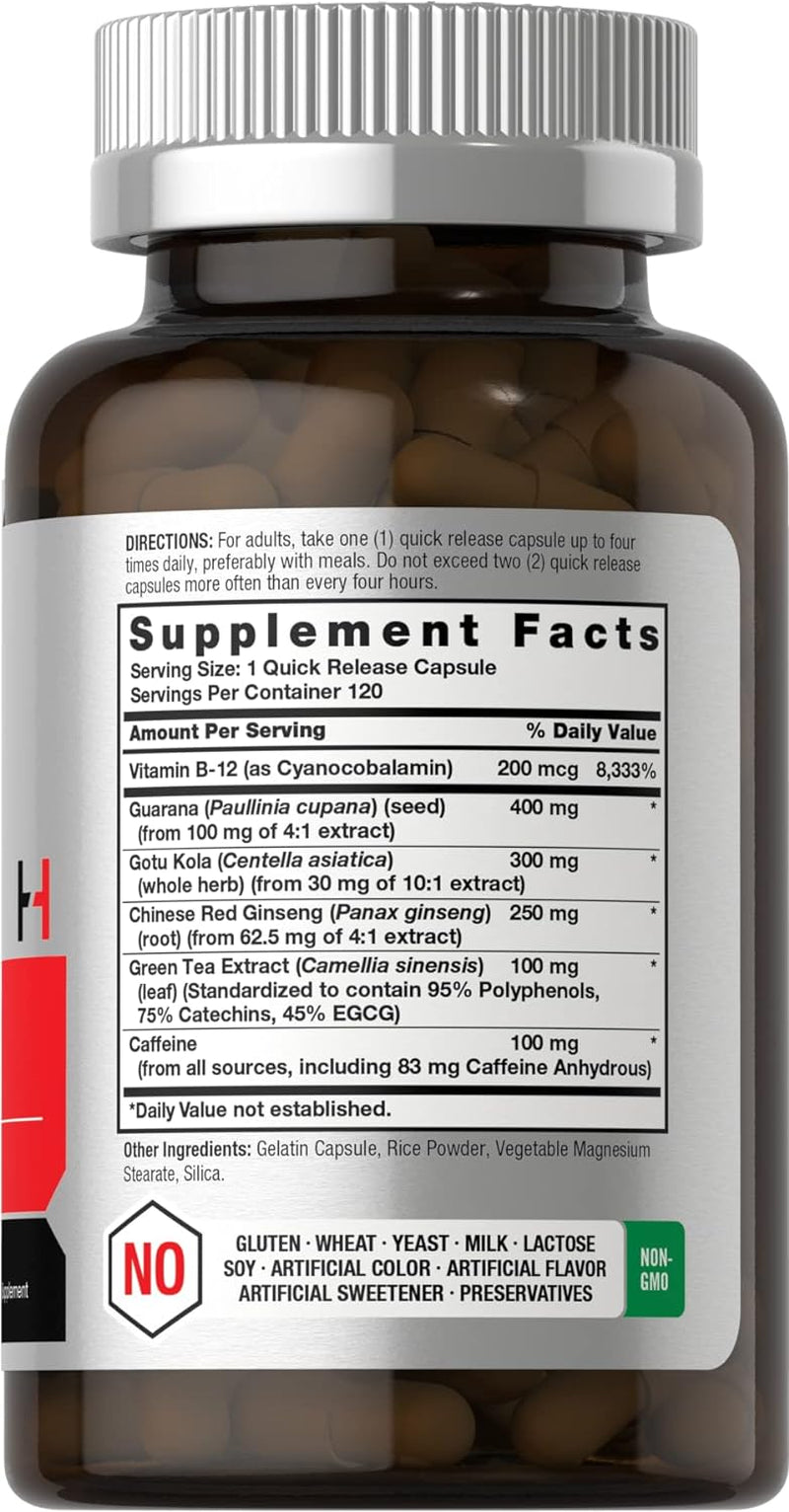 Ultra Energy Supplement | 120 Capsule Pills | with Caffeine & Vitamin B12 | Daily Energy Booster | Non-Gmo, Gluten Free | by Horbaach
