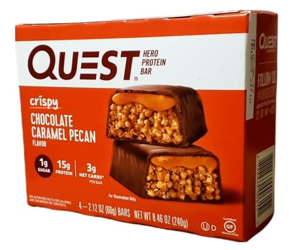 2 Set of 4 - Bars Each inside - 2.12Oz (60G) Each Net WT 8.46Oz (240G) QUEST HERO PROTEIN BAR - CRISPY CHOCOLATE CARAMEL PECAN FLAVOR, 2.12 Ounce