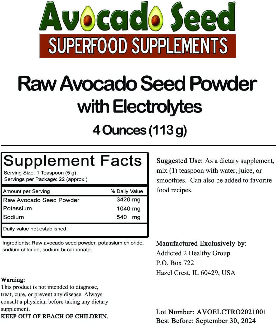Addicted 2 Healthy Raw Avocado Seed Powder with Electrolytes, 4 Ounces - the Ultimate Antioxidants + Fiber + Hydration (Sea Salt + Potassium Chloride + Sodium Bi-Carbonate)