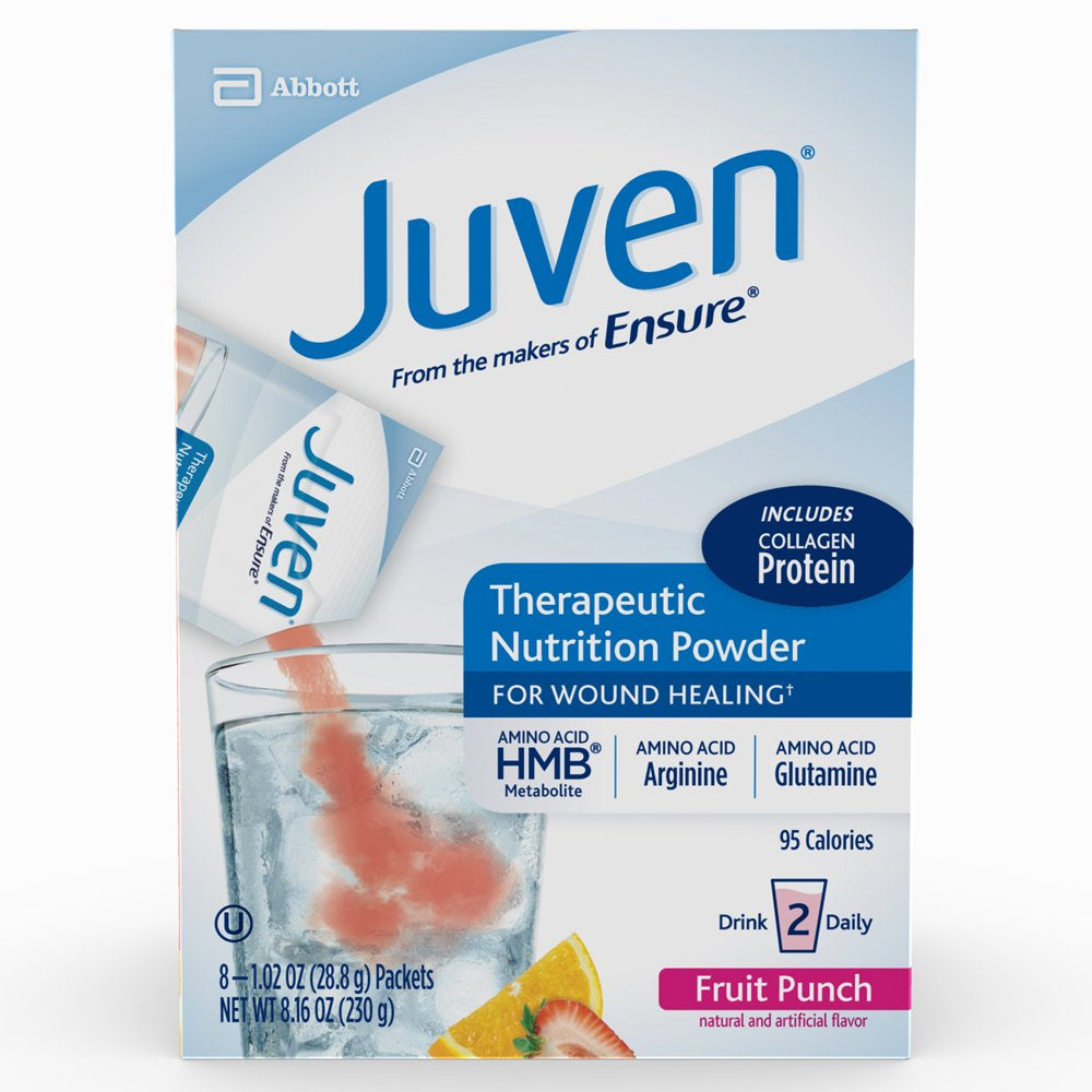 Juven Therapeutic Nutrition Drink Mix Powder for Wound Healing Support, Includes Collagen Protein, Fruit Punch, 8 Count