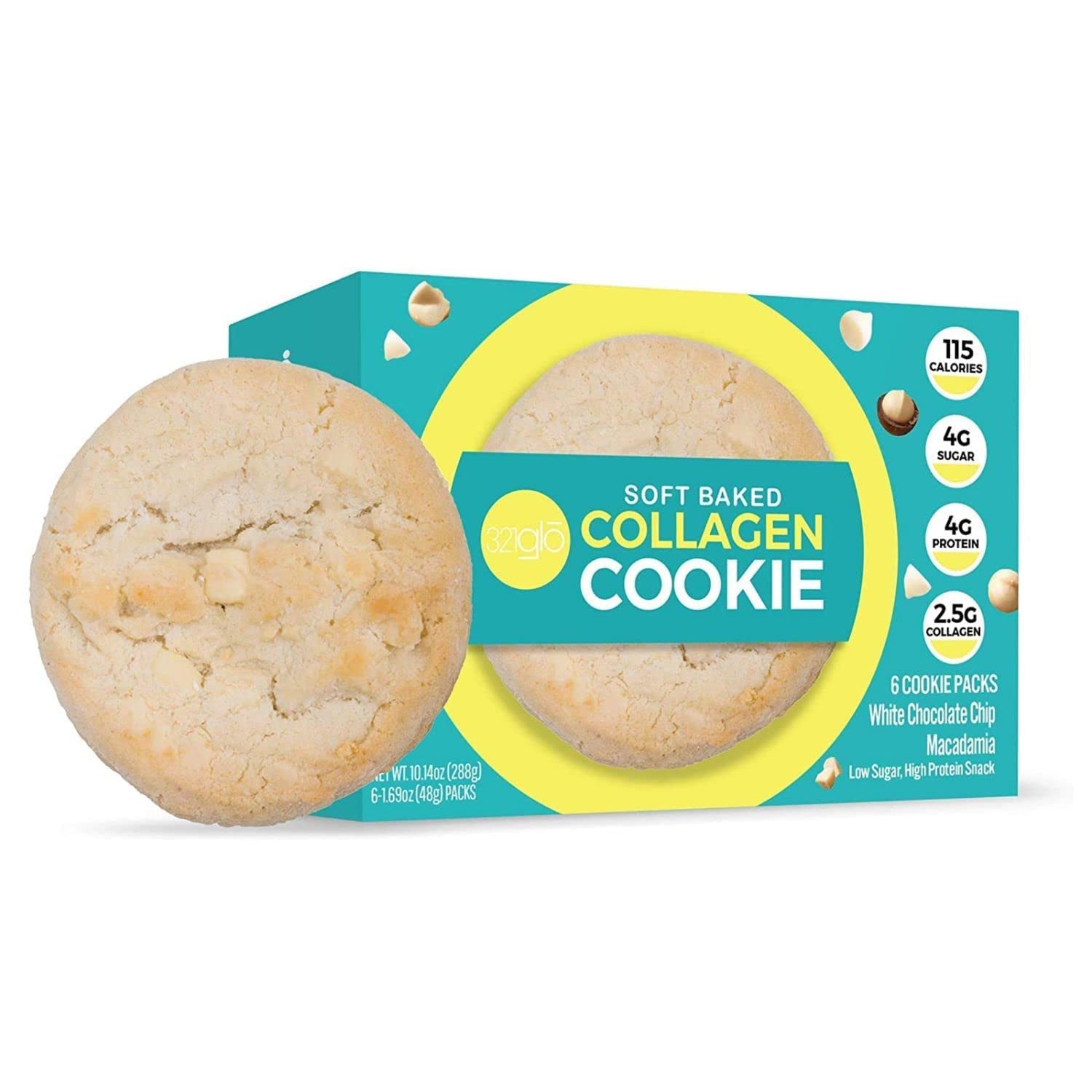 321Glo Collagen Cookies | Soft Baked, High Protein Cookies | Low Carb, Low Sugar | Keto Snack for Women, Men, & Kids | 6 Pack (White Chocolate Chip Macadamia)