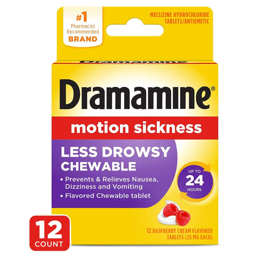 Dramamine Chewable Less Drowsy, Motion Sickness Relief, Raspberry Cream Flavor, 12 Count