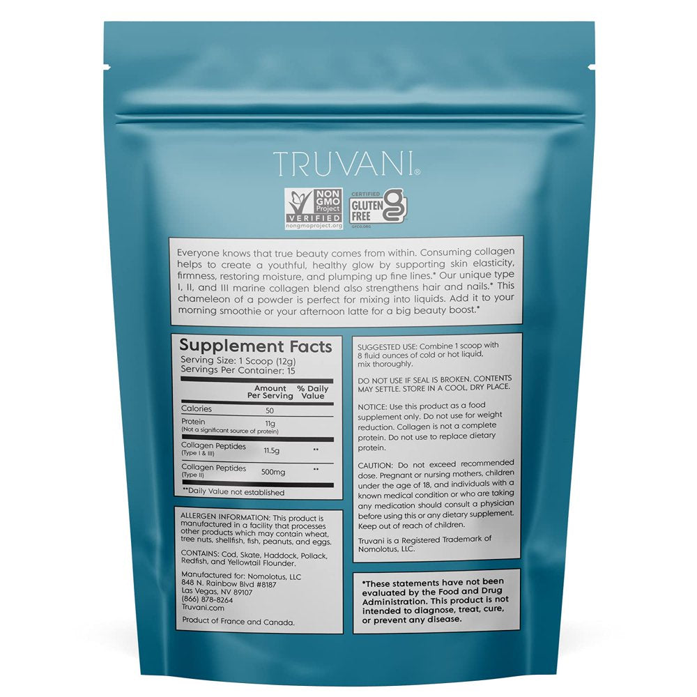 TRUVANI - Wild Caught Hydrolyzed Marine Collagen Protein Powder | Collagen Protein Supplement with Type 1,2 & 3 | Anti-Skin Aging | Non-Gmo | Gluten Free Fish Collagen | 6.35 OZ