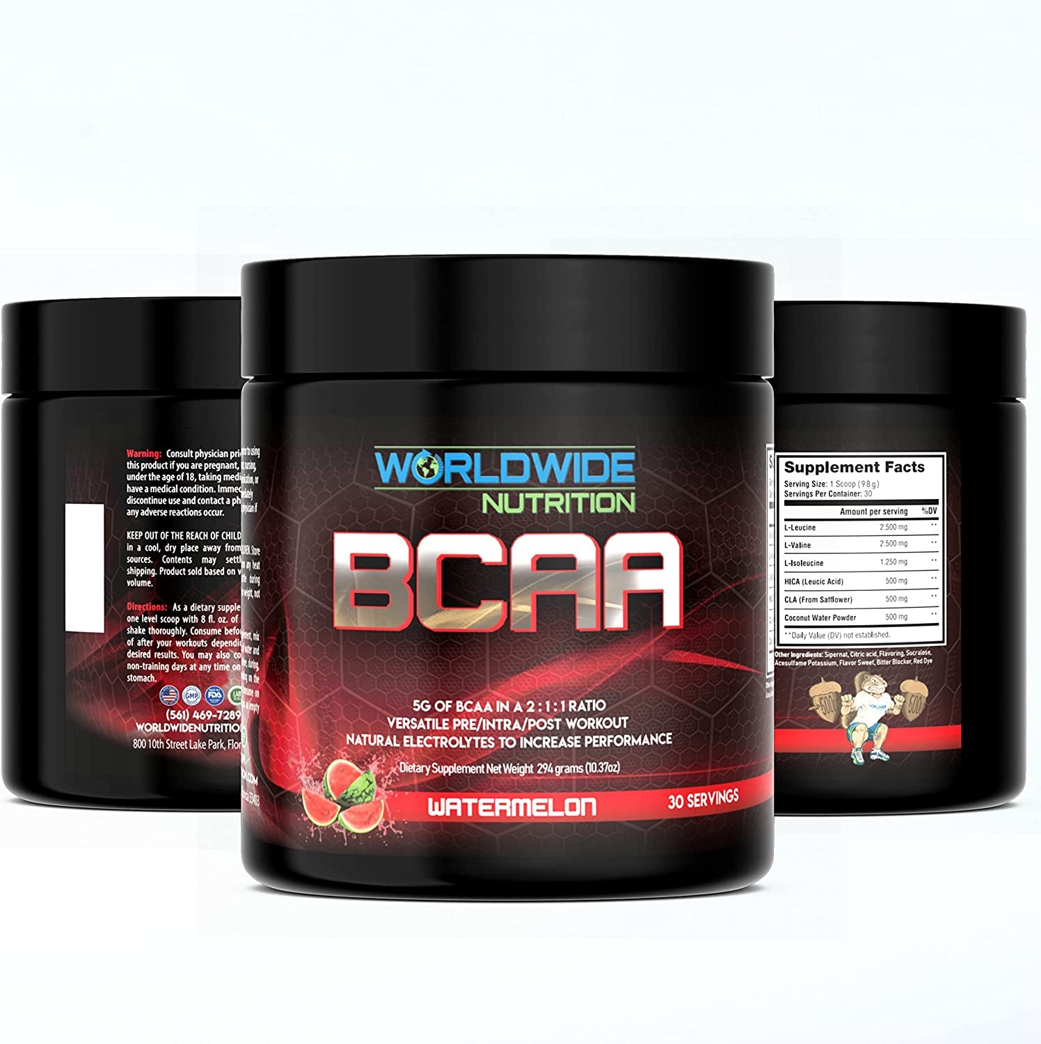 Worldwide Nutrition BCAA Powder - Branched Chain Amino Acids -2:1:1 Ratio Pre Intra Post Workout Supplement for Men and Women - Natural Electrolytes Powder for BCAA Energy - Watermelon - 30 Servings