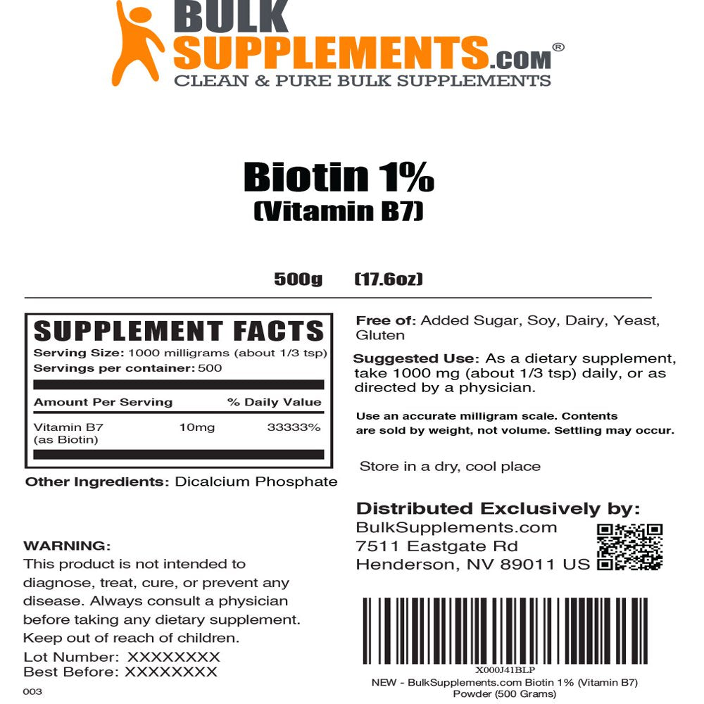 Bulksupplements.Com Biotin 1% (Vitamin B7) Powder - Skin Vitamins - Nail Growth - Hair and Nails Vitamins for Women - Vegan Biotin (500 Grams)