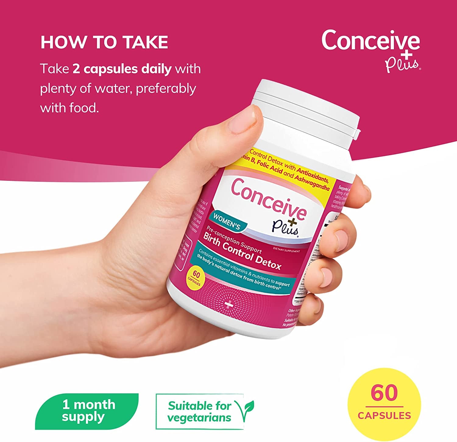 CONCEIVE plus Birth Control Detox, 30-Day Program, 60 Capsules, Hormone Balance, Fertility Support, Birth Control Cleanse, Prenatal Vitamins for Women