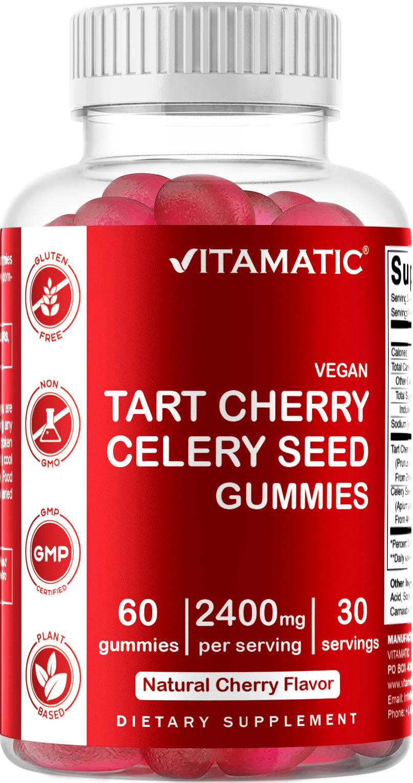 Vitamatic Tart Cherry with Celery Seed Gummies - 2400 Mg Serving - Powerful Uric Acid Cleanse for Joint Comfort, Healthy Sleep Cycles & Muscle Recovery