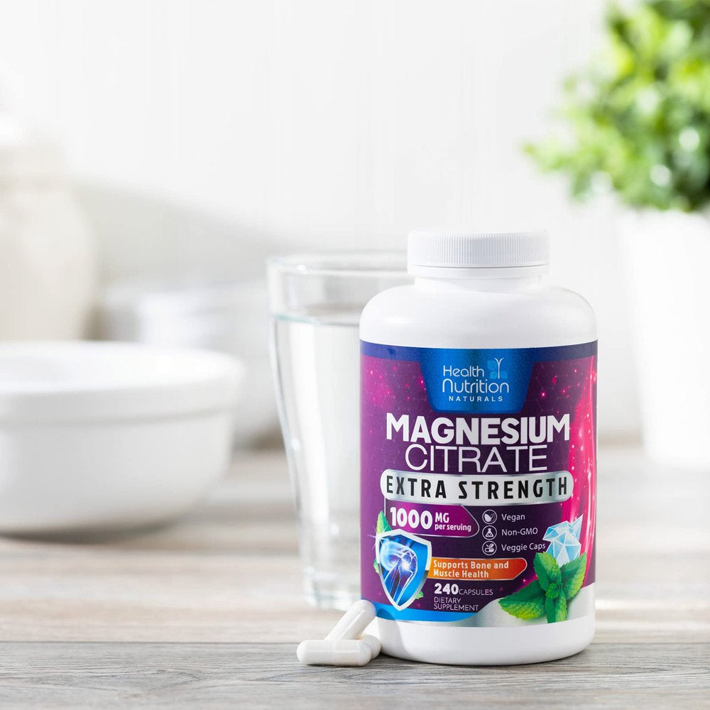 Magnesium Citrate Capsules 1000Mg - Max Absorption Magnesium Powder Capsules for Muscle, Nerve, Bone and Heart Health Support, High Absorption Citrate Complex, Gluten Free, Non-Gmo - 240 Capsules