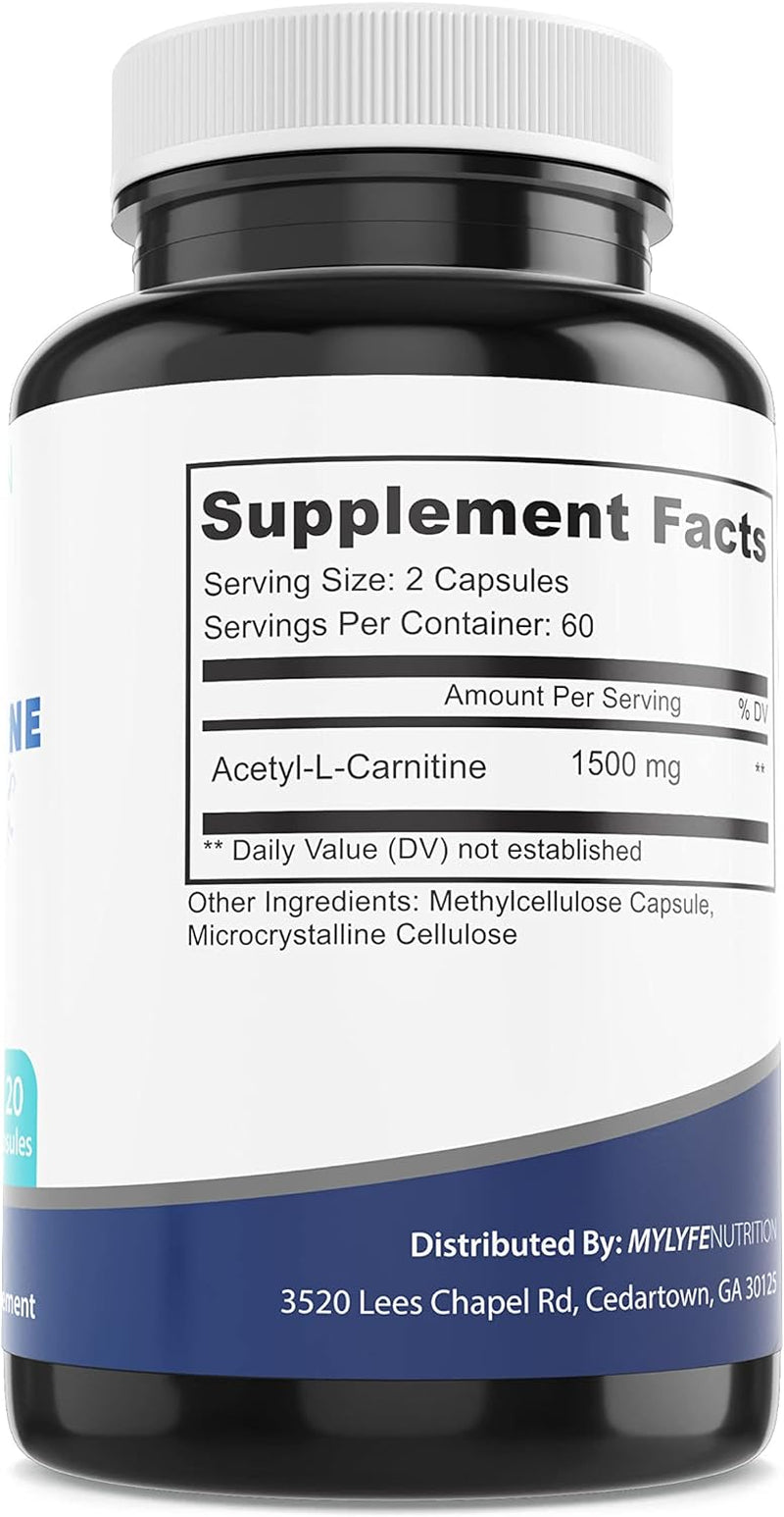 My Lyfe Nutrition Acetyl L-Carnitine 1500Mg Capsules, Energy Management Supplements, Non-Gmo and Gluten-Free, Metabolism Support for Men and Women, 120 Veggie Capsules