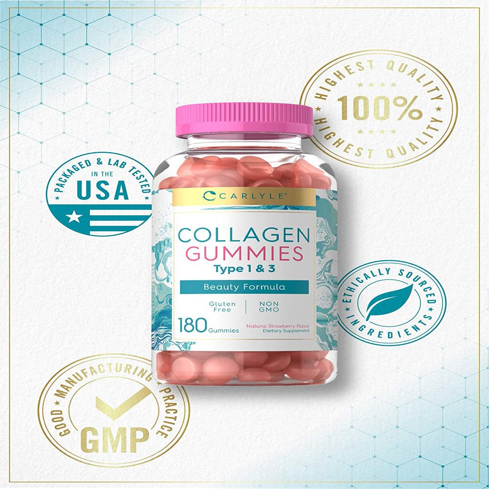 Collagen Gummies | 180 Count | Type 1 & 3 | Strawberry Flavored | by Carlyle