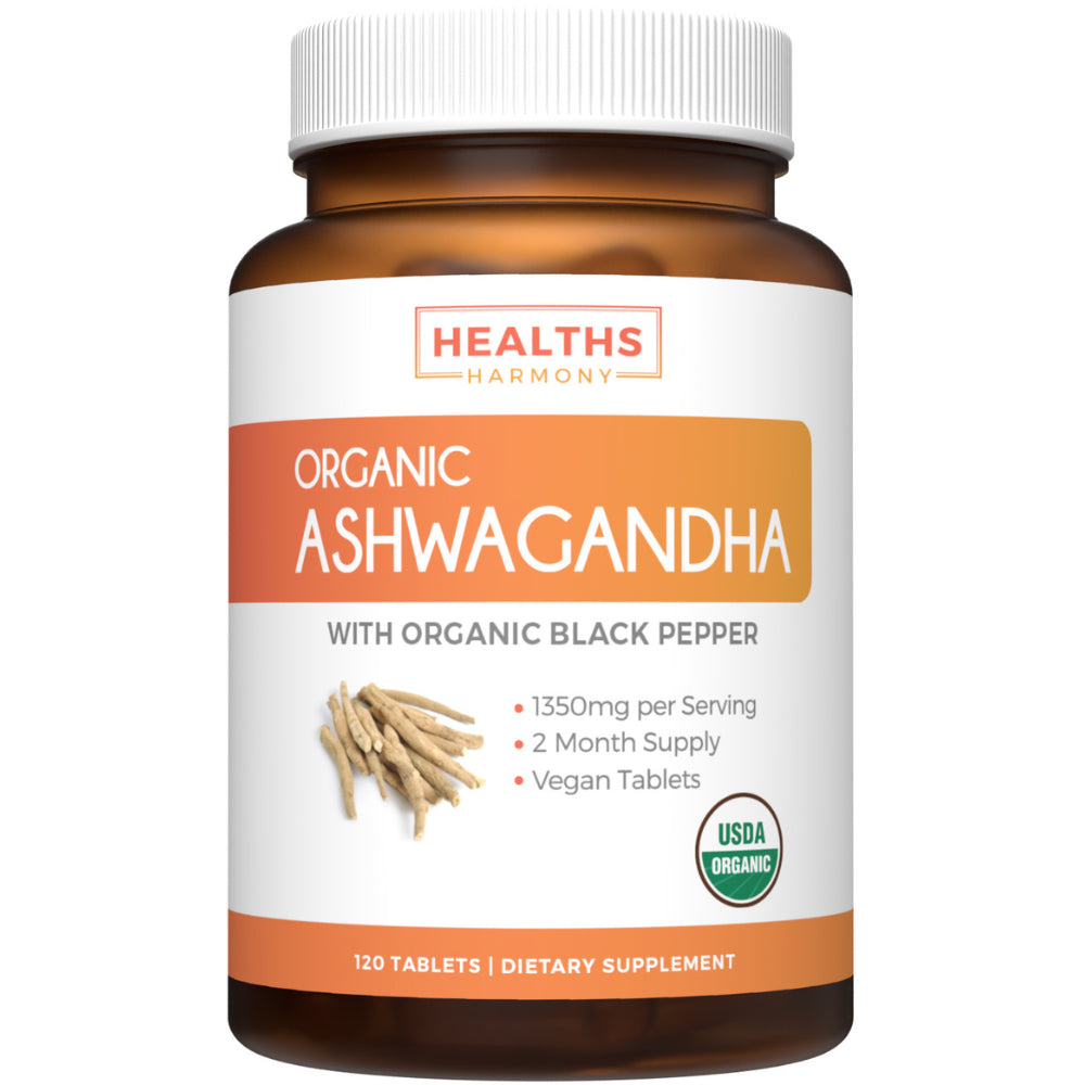 Healths Harmony Organic Ashwagandha (120 Vegetarian Tablets) 1350Mg per Serve - Natural Anxiety Relief, Immune, Adrenal, Cortisol & Thyroid Support - No Pills or Capsules