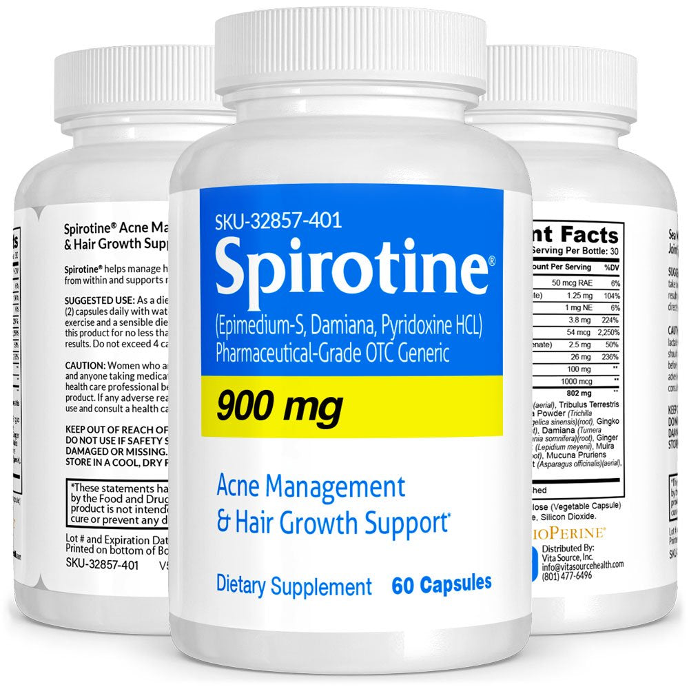 Spirotine Pharmaceutical Grade OTC for Hair Growth & Acne Support, Natural Alternative Spironolactne, No Side Effects, Vitasource
