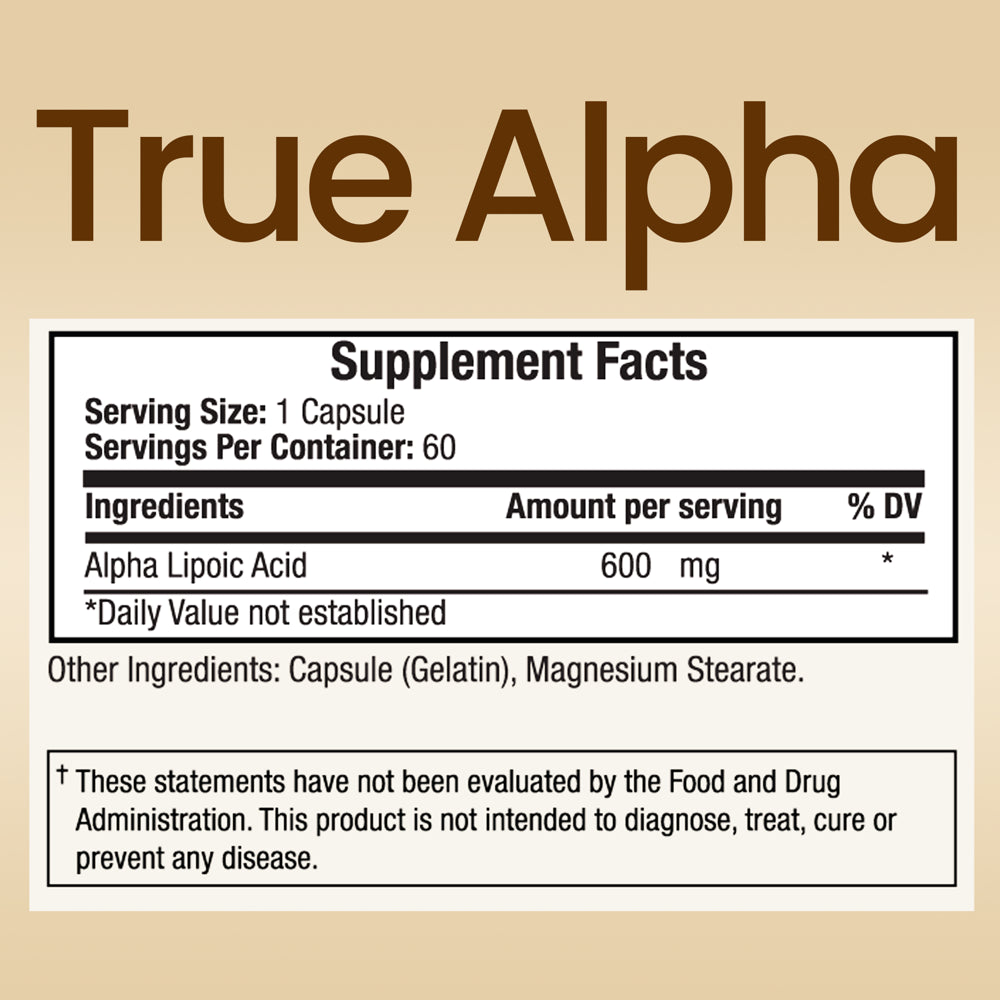 Truemed Alpha Lipoic Acid 600 Mg Support Antioxidant Sugar Metabolism Healthy Liver and Nerve 60 Capsules