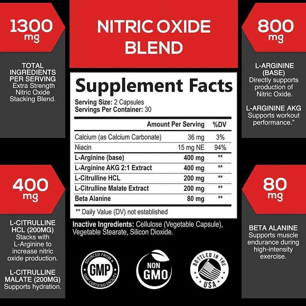 Nitric Oxide Booster Supplement W/L-Arginine 1300Mg Premium Workout Muscle Pump 60 Capsules