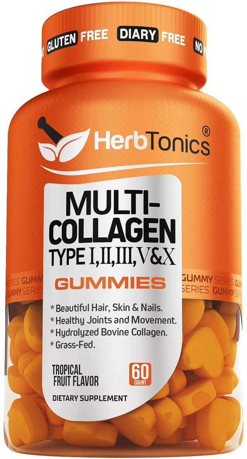 Multi Collagen Gummies Type 1,2,3,5 & 10 + Biotin for Hair Growth Skin & Nails Supplement Collagen Peptide + Vitamin C & Zinc for Immune Support for Men & Women, Non-Gmo, Gelatin-Free, 60 Gummies