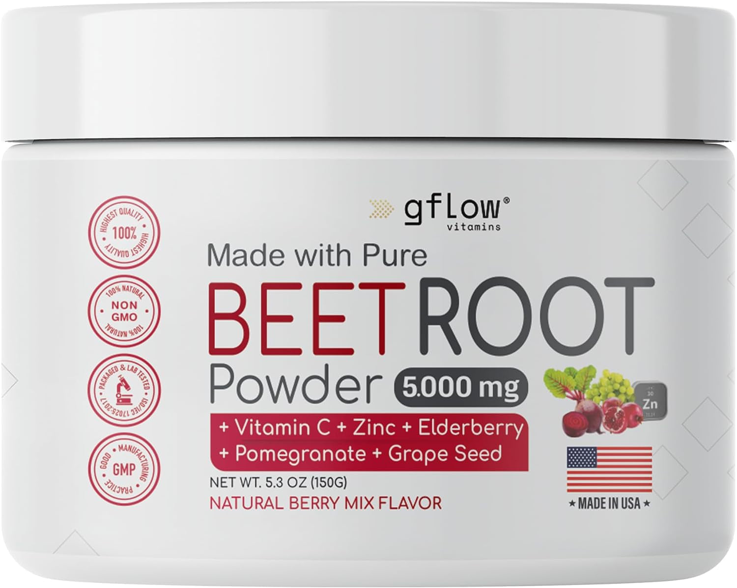 Gflow Vitamins Beet Root Powder - Nitric Oxide Boost and Heart Health - Non-Gmo Superfood Supplement - Natural Berry Mix Flavor, 30 Servings