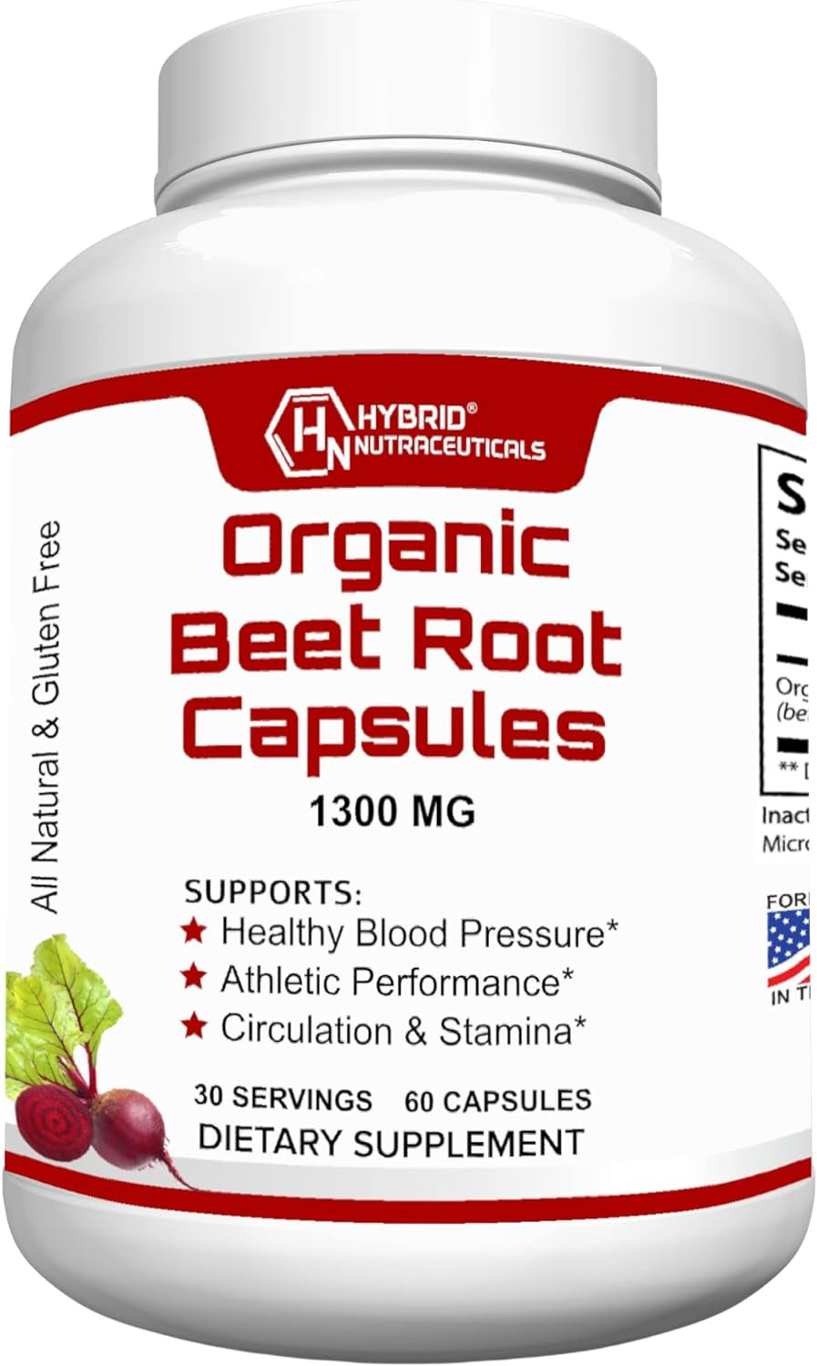 Hybrid Nutraceuticals Organic Beet Root Capsules 1300Mg - Natural Nitric Oxide Supplement Booster, Supports Blood Pressure, Circulation, Heart Health, Athletic Performance - 60 Capsules