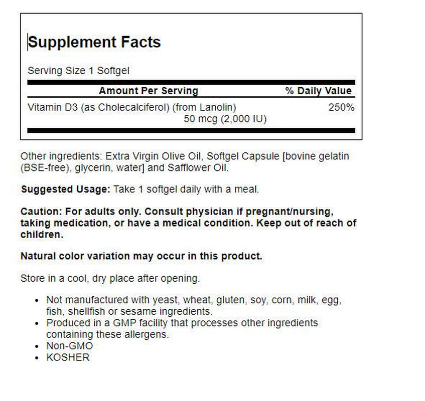 NOW Supplements, Vitamin D-3 2,000 IU, High Potency, Structural Support*, 120 Softgels