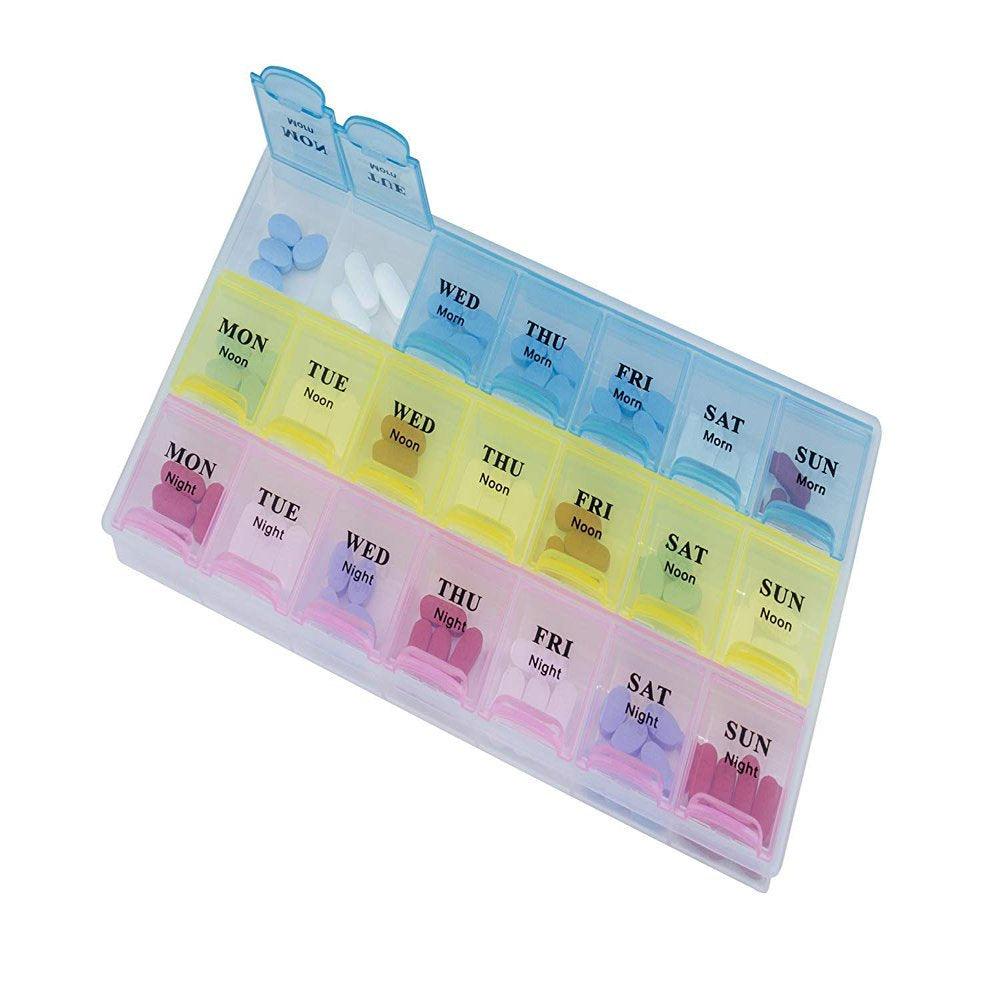 Weekly Pill Organizer, (Pack of 2) 21 Day Pill Planners for Pills Vitamins & Medication, 3 Times-A-Day Medication Reminder Boxes, Easy to Read & Travel Friendly