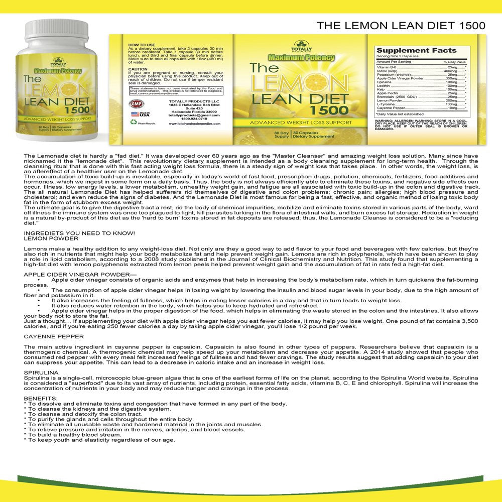 Lemon Lean Diet 1500 (3 Bottles X 30 Capsules)