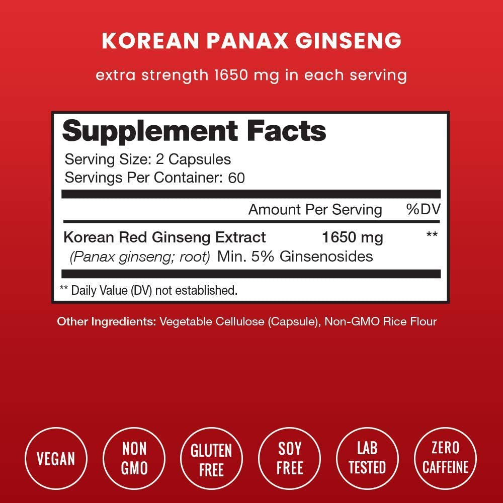 Nutrachamps Korean Red Panax Ginseng Capsules | Extra Strength Ginsenosides for Energy, Focus, Performance, Vitality & Immune Support | Korean Red Ginseng Root Extract Powder Supplement | Vegan Pills