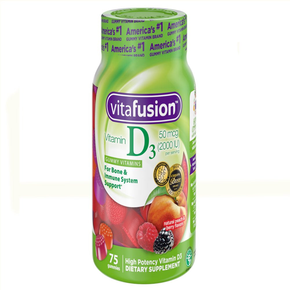 Vitafusion Vitamin D3 2000 IU Gummy Vitamins for Adults Dietary Supplement Peach, Blackberry & Strawberry Flavors 75 Each (Pack of 3)