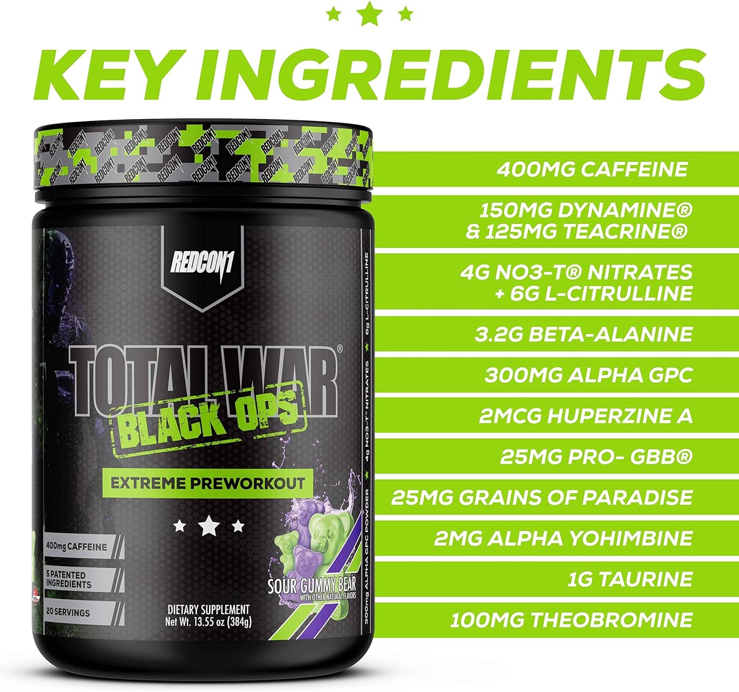 REDCON1 Total War Black Ops Extreme Preworkout Powder, Sour Gummy Bear, High Stimulant, 400 Mg Caffeine, NO3-T Nitrates + L-Citrulline, Increase Blood Flow, Muscle Pumps (20 Servings)