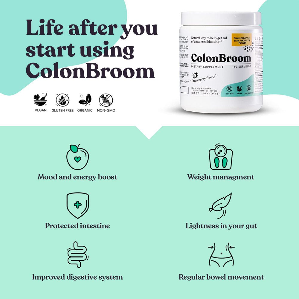 Colonbroom Psyllium Husk Powder Colon Cleanser - Vegan, Gluten Free, Non-Gmo Fiber Supplement - Natural, Safe Colon Cleanse for Constipation Relief, Bloating Relief & Gut Health (60 Servings)