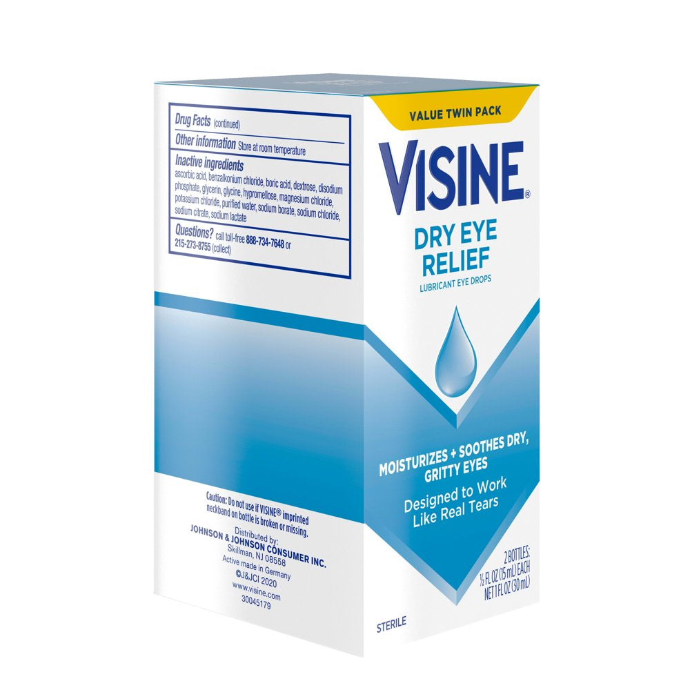 Visine Dry Eye Relief Lubricating Eye Drops, Twin Pack, 2 X 0.5 Fl. Oz