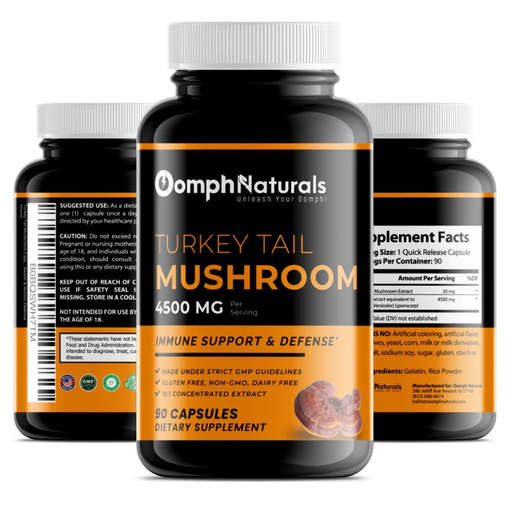 Oomph Naturals Turkey Tail Mushroom Capsules, 4500Mg Extract, 90 Day Supply, Non-Gmo, Gluten Free, Superfood Supplement for Immune Support Gut Health