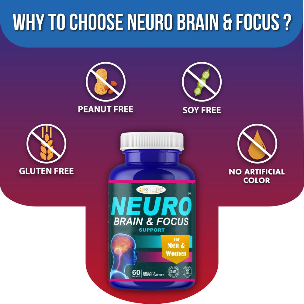 Brain Supplement, 60 Count, for Men & Women - Caffeine-Free Focus Capsules for Concentration, Brain & Memory Support