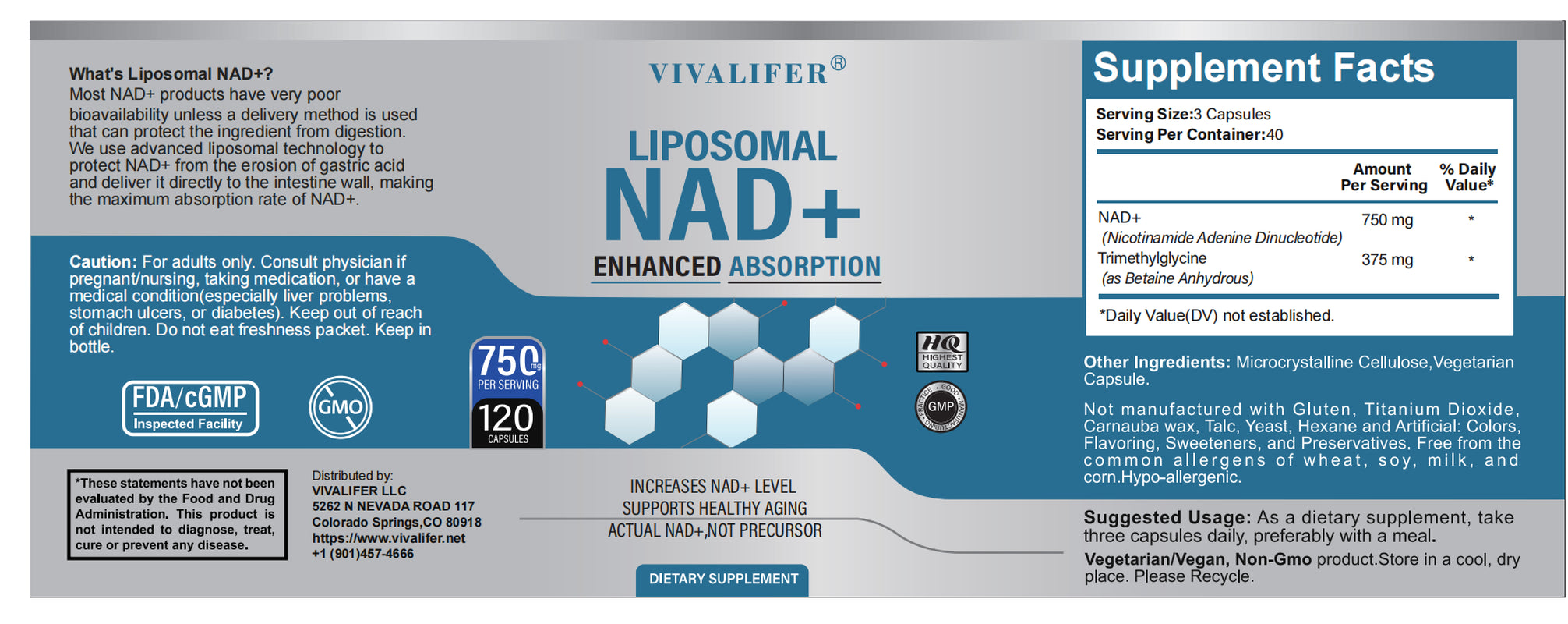 VIVALIFER Liposomal NAD+ Supplement, NAD+ 500Mg with TMG 250 Mg for Ultra Max Enhanced Absorption, Promotes Anti-Aging, Energy and DNA Repair, Brain Function - 120 Capsules